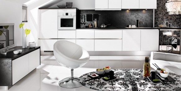 black white living kitchen