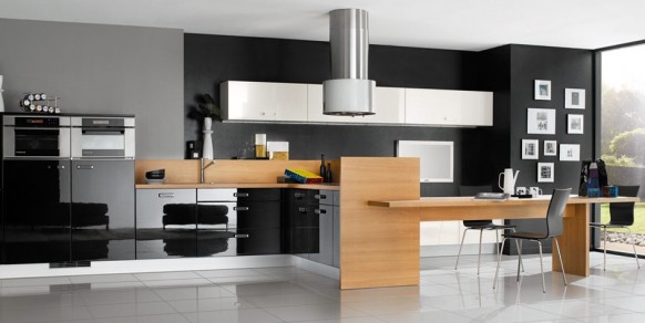 black white kitchen with wooden accents