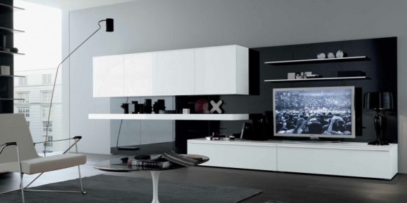 black white grey stylish contemporary living spaces built ins