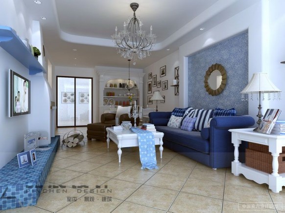 blue white living room chandelier chic
