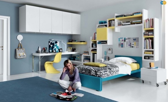 blue yellow white Contemporary Teenagers Room