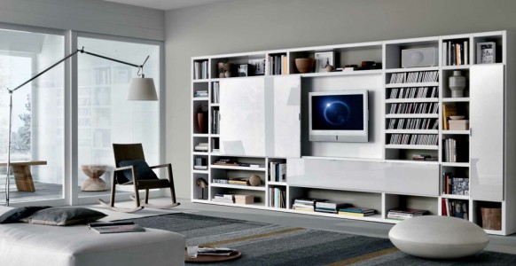 white contemporary living spaces built ins