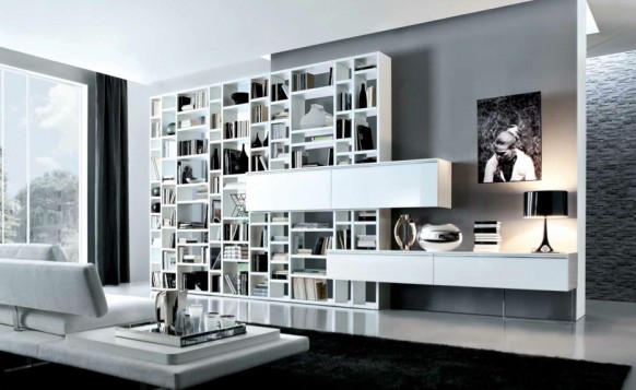 white grey contemporary living spaces built ins