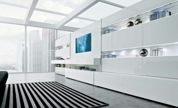 white striking minimalist contemporary living spaces built ins