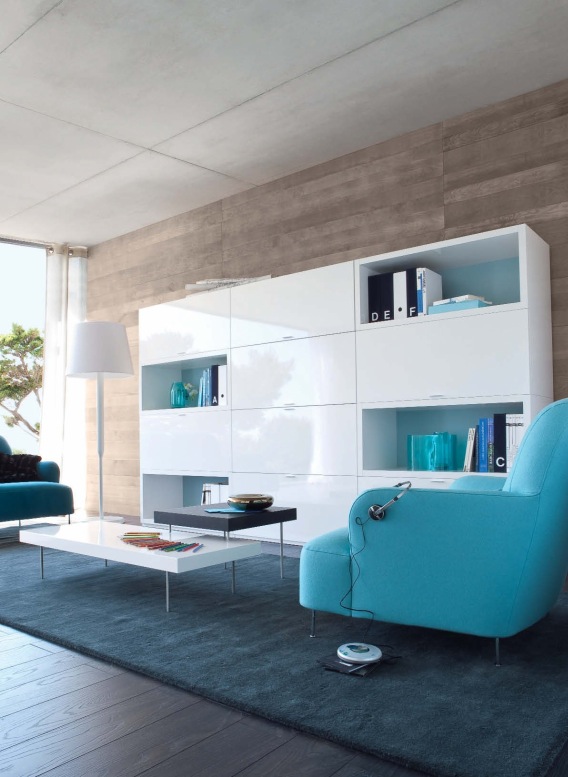 white shelf blue sofas