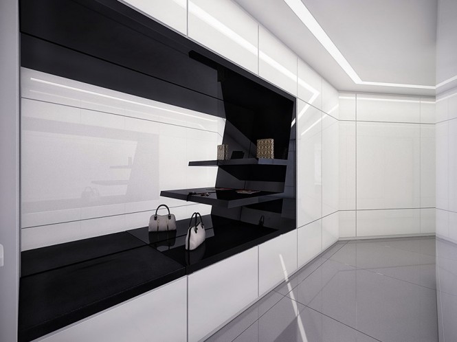 A completely modern, black and white walk-in closet.