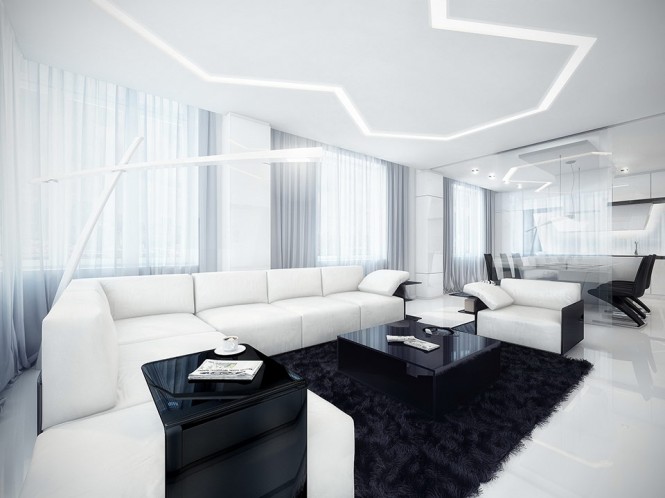 A highlighted zagging line on the ceiling lights up this black and white modern living area.