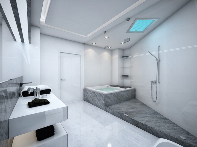 A white and grey marble bathroom complete with a glass-paneled jacuzzi/shower.