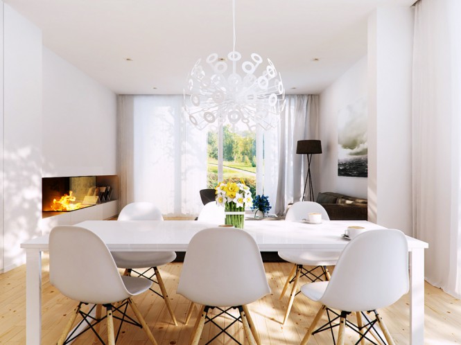 A wooden but modern, white dining room table looks rustic and homey, yet modern as well. It is accompanied by modern chairs set upon wooden legs. A starburst white chandelier hangs above the table.
