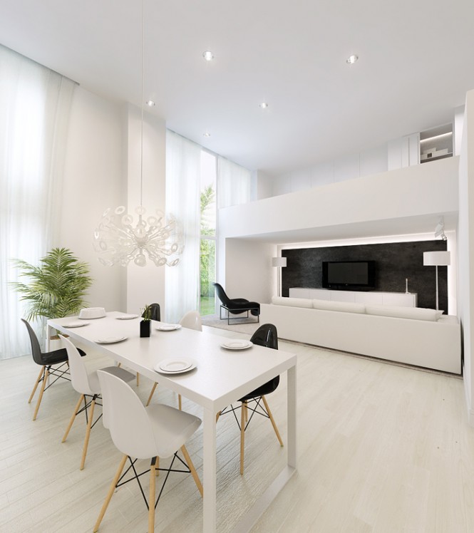 white dining table with white living area