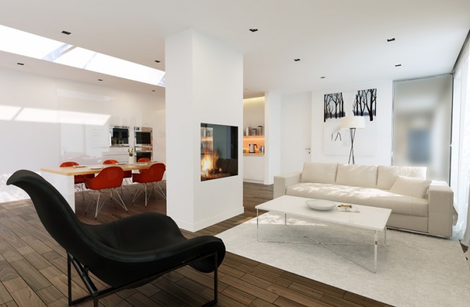 white modern living area with black and red chairs