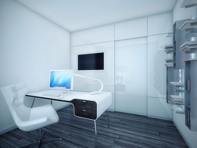 A modern white and wood office area maximizes space and organization by installing panels into the wall for books and an insert for a television screen.