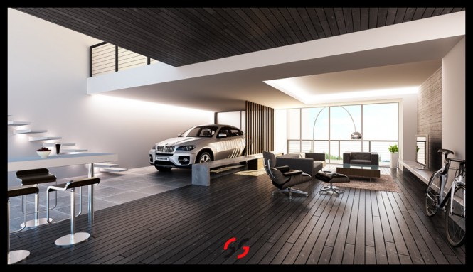 This dark brown wood paneled living room is a super bachelor pad. Bonus: BMW and bicycle parking!