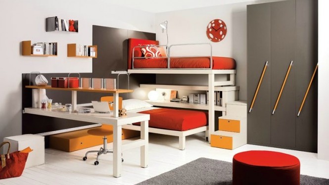 shared kids room in red and brown