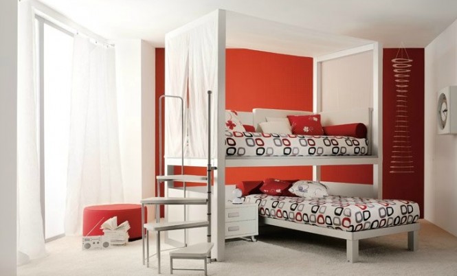 shared kids room in red and white 2