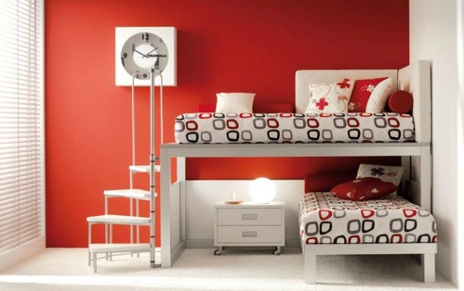 shared kids room in red and white
