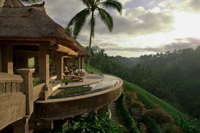 A semi circular terrace offers majestic and breathtaking views of Ubud's lush forestry.