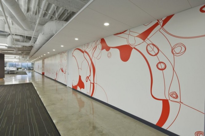 Spunky wall design adds energy and vitality to the office atmosphere.