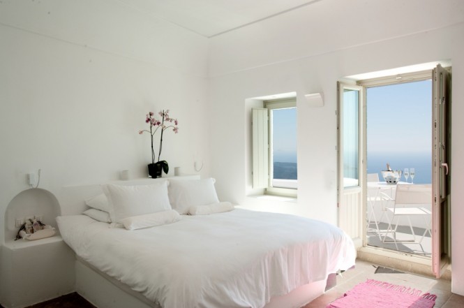 santorini grace white bedroom with balcony