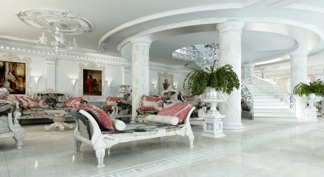 This hall is all white marble, white ornate furniture and touches of pink and old paintings.