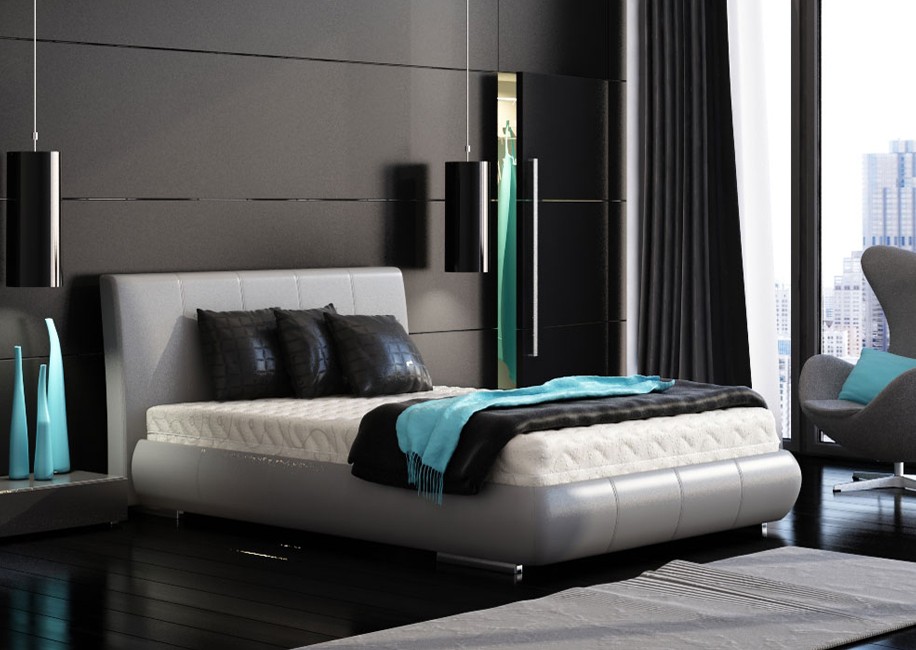 black bedroom and turquoise accents 