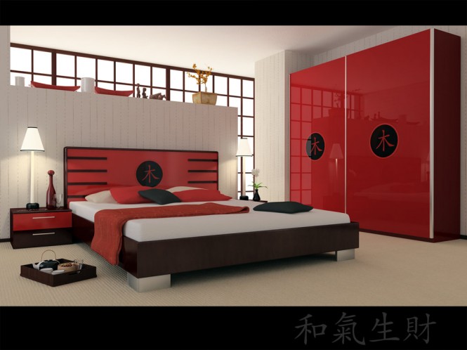 Design By ZigShot82. This red bedroom has a touch of Asian style with graphic prints on the bed and dresser, and simple, clean lines.