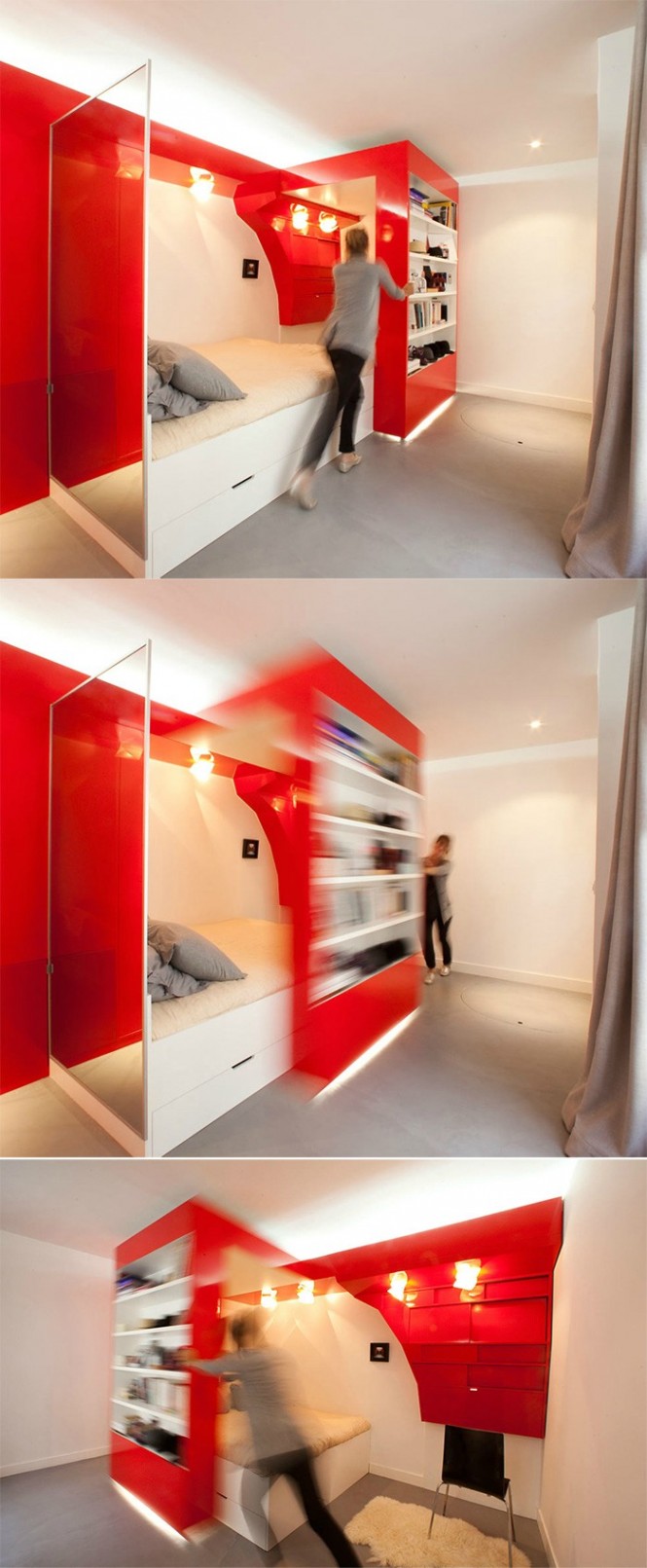 Design By Coudamy Design. This Parisian firm which designs everything from sets to architecture to furniture, seeks to redefine design and "give posture to an aesthetic diversity."This red and white bed is attached to a matching shelf display.  We think this would be especially effective as a space saver or even for a child's bedroom.