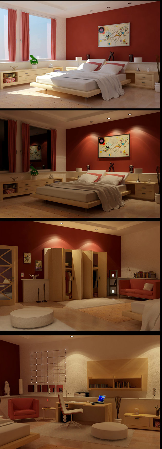 Also by ZigShot82. This bedroom uses a softer shade of red, and incorporates a lighter shade of wood to give off a more tranquil vibe. A beautiful office and closet area are included.