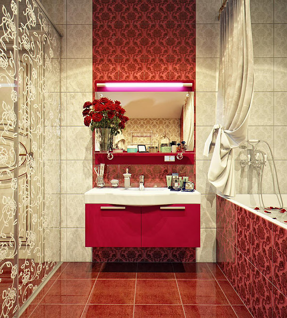When it comes to combining vintage and modern, that's a job that is quite tricky if you're not a genuine professional. It can look abruptly put together, and even clashing. But it seems to us that this designer passed yet another test – just look what she did with this warm, luxurious bathroom which combines modern furniture in a strong colour, with strong patterns and decors on the tiles and the glass doors. Who would say that halogen lights above the mirror go so well with vintage patterns on these voluptuous red tiles?