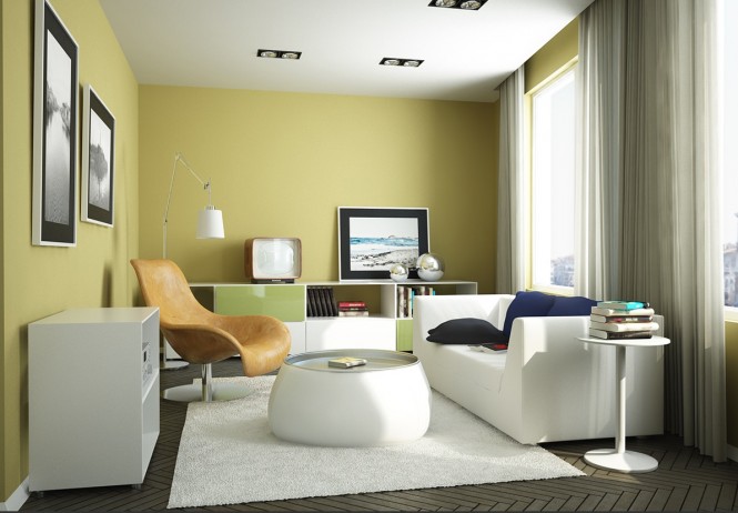 Via EvermotionA soft yellow with muted green creates a relaxing environment.