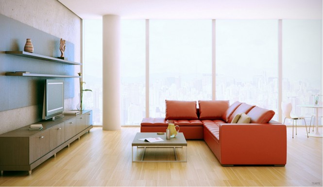 red sofa wood entertainment unit
