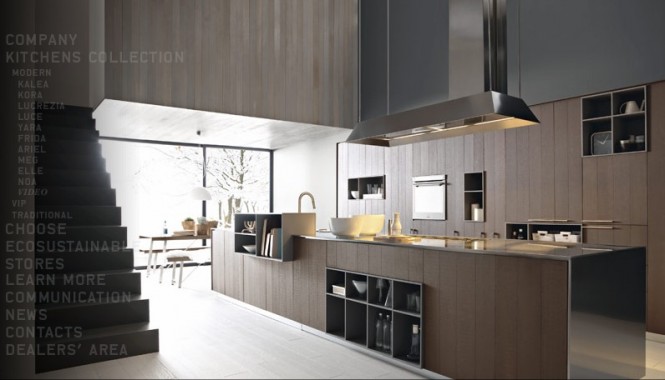 There are a great range of finishes here such as the beautifully toned Cognac Oak slab doors, which are modern sophistication itself when topped with a stainless steel work surface and matching cooker hood.