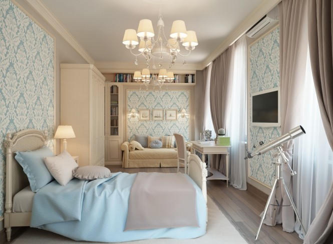 In the master bedroom suite, feminine fleur-de-lis wallpaper in powder blue freshens cream furniture and trims, along with matching blue bedcover and sofa accent cushions, to tie the whole scheme together from top to toe. The ornate decadence continues across the ceiling with a duo of shaded chandeliers for a cozy glow.