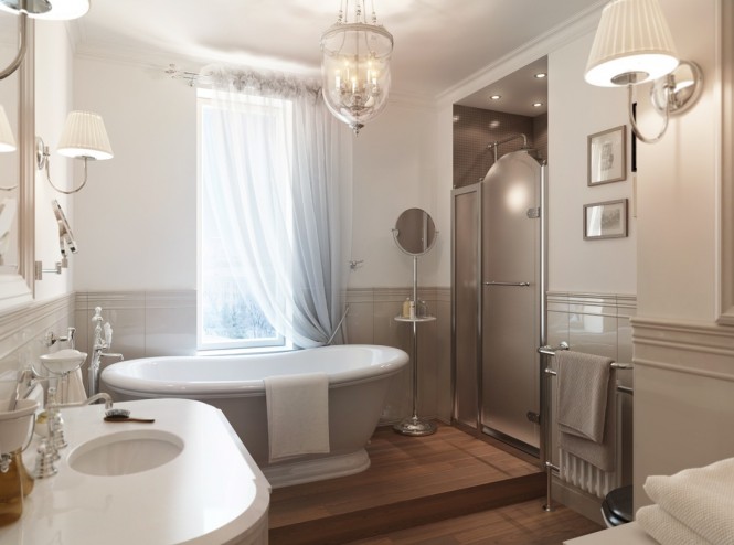 Classic furniture fills a lavish master bathroom suite, taking the decor back to a bygone era, whilst the mirror shine of chrome fixtures and fittings brings a freshness, and prevents the décor from appearing outdated.