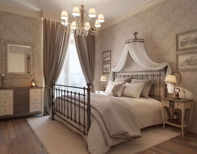 Shades of taupe cover the second bedroom, and are lifted by the introduction of wall pattern, and two-tone furniture. The head of the bed is swathed with a romantic canopy, echoing the sheer window dressing and adding further luxury to the scheme.