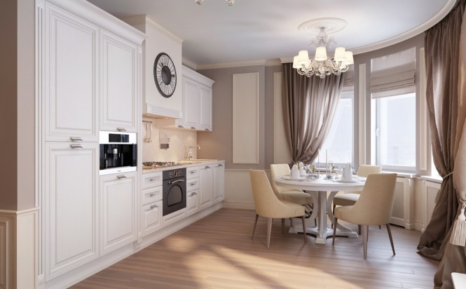 White painted kitchen cabinets continue the elegant traditional look of the home design whilst still housing all of the required mod cons like an integrated chrome coffee maker. Wall paneling is picked out in cream to brighten the biscuit tone walls and curtains.