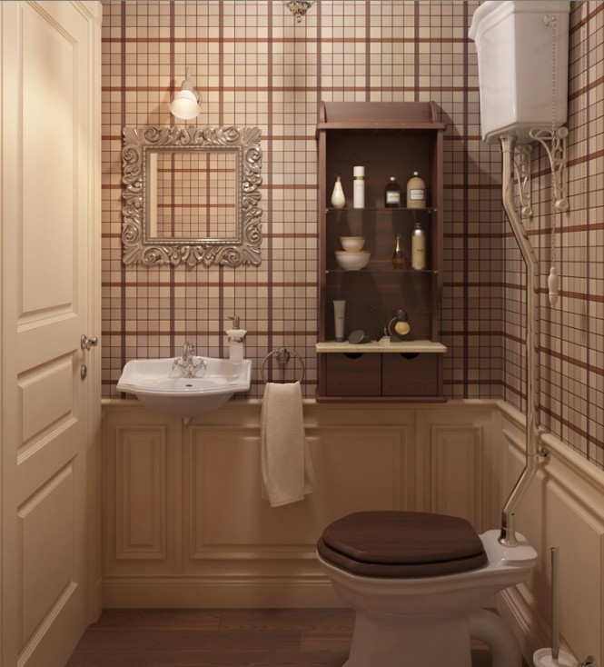 Even a cloakroom is given a statement look in more of the striking plaid pattern, which compliments the deep wood tones and classic style of sanitary ware.