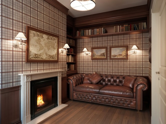 A masculine themed den-cum-study complete with Chesterfield sofa, muted plaid wallcovering, roaring fireplace, and artwork pertaining to world travel and adventure, evokes the secrecy of an old-world gentlemen's lodge.