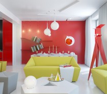 red white yellow open plan living space