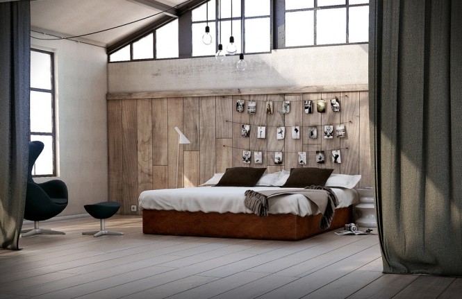 Via XM StudioRustic wood paneling forms a cozy backdrop, and looks great teamed with moody black and white photography, as shown above, in a fabulous utilitarian scheme.