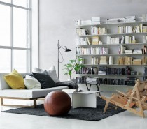 white scandinavian living room bookshelves