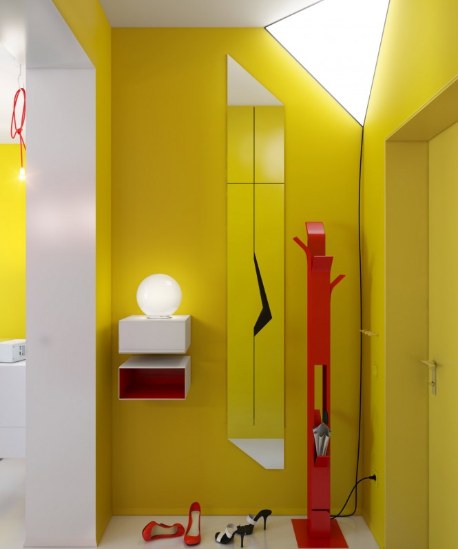 yellow hallway red accents