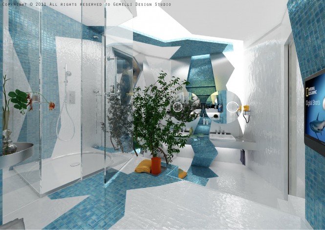 Blue white tile bathroom