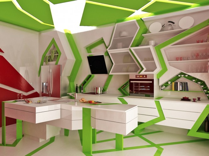This wild kitchen appears as a disco of stationery green laser beams, certainly not a place you'd like to face with a migraine, in fact that is probably true of every room in this design style, but on the other hand the energized interior would give you a boost in the morning, who needs coffee with all this going on!