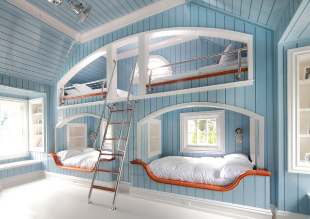 blue white bedroom bunks