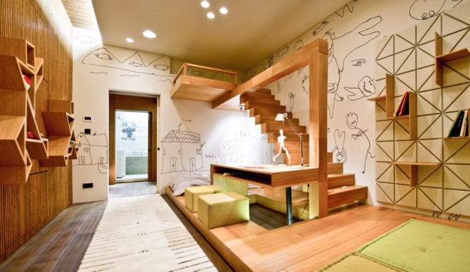 The kids bedroom takes on a cartoonists studio appeal, with fun illustrations strewn across every wall; the look continues in the bathroom where humorous, urban graffiti is tagged on cool concrete.