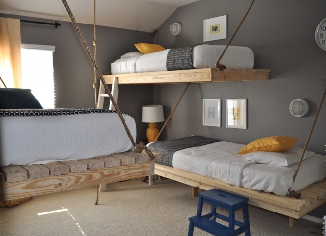 gray yellow white bedroom suspended beds