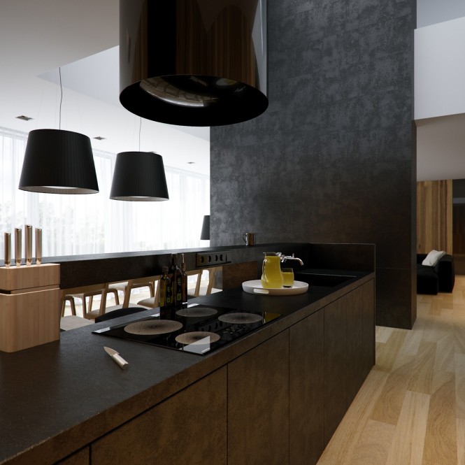 A black tubular island extractor fan reflects the design of the oversized pendant shades that hang throughout the home, and atop the standard lamps by the extensive modular sofa.
