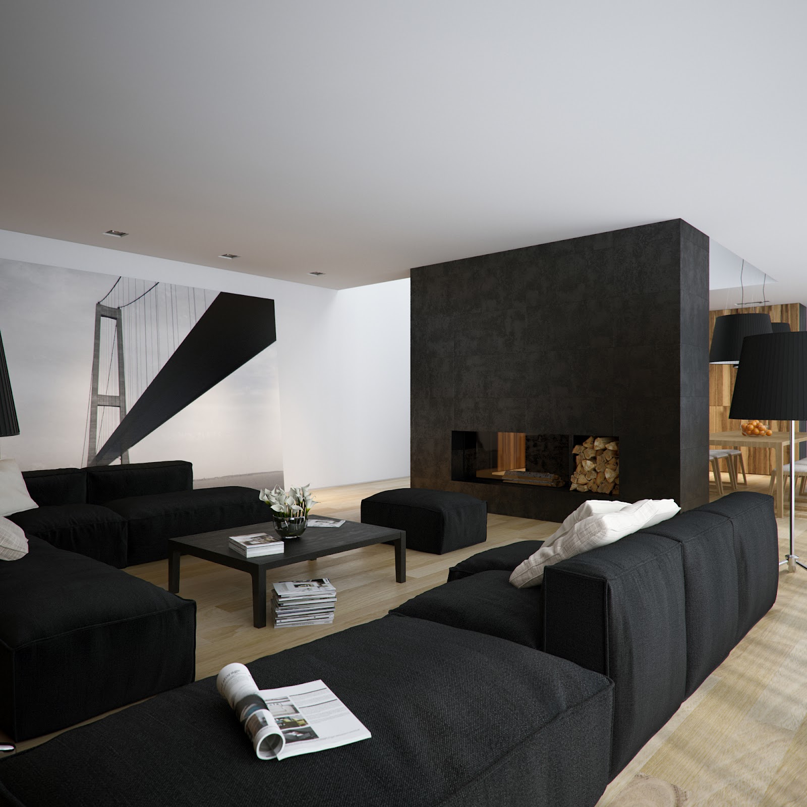 Black White Living Room Mural Art Interior Design Ideas