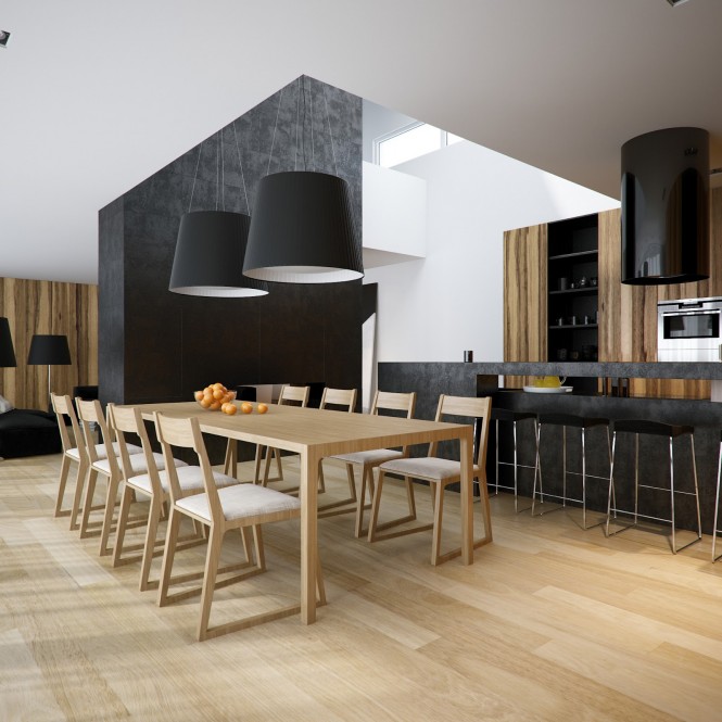 This second apartment design introduces bold wood grains into the mix, which brings great warmth and natural pattern to the home.